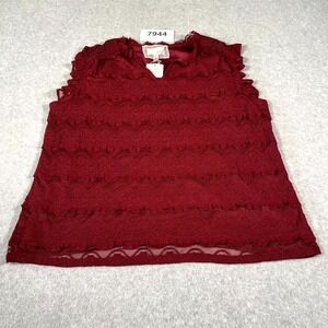 Cupio Blush Lace Blouse Top Womens 2X Burgundy Nylon V Neck Ruffle Casual Tiered